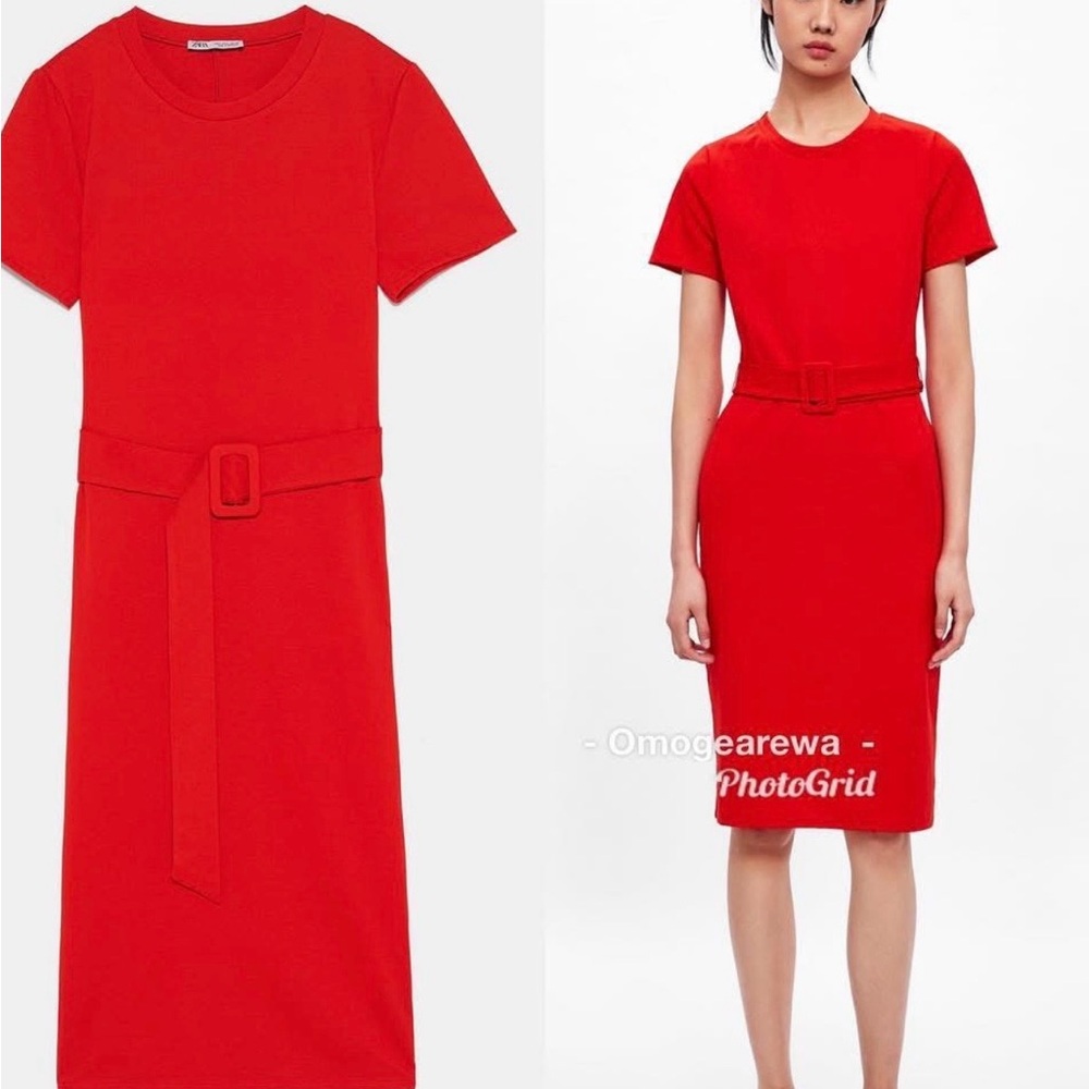 Zara Red Midi Dress with Belt